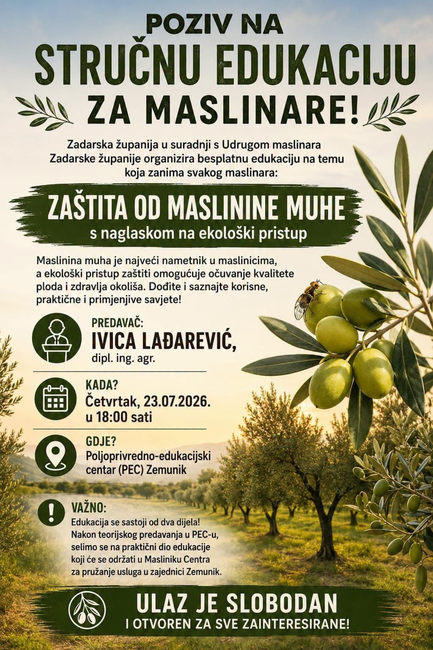 Stručno predavanje i radionica o zaštiti maslina od maslinine muhe