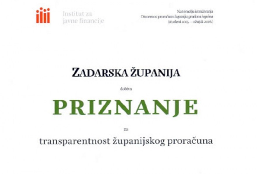 Zadarskoj županiji opet petica za transparentnost
