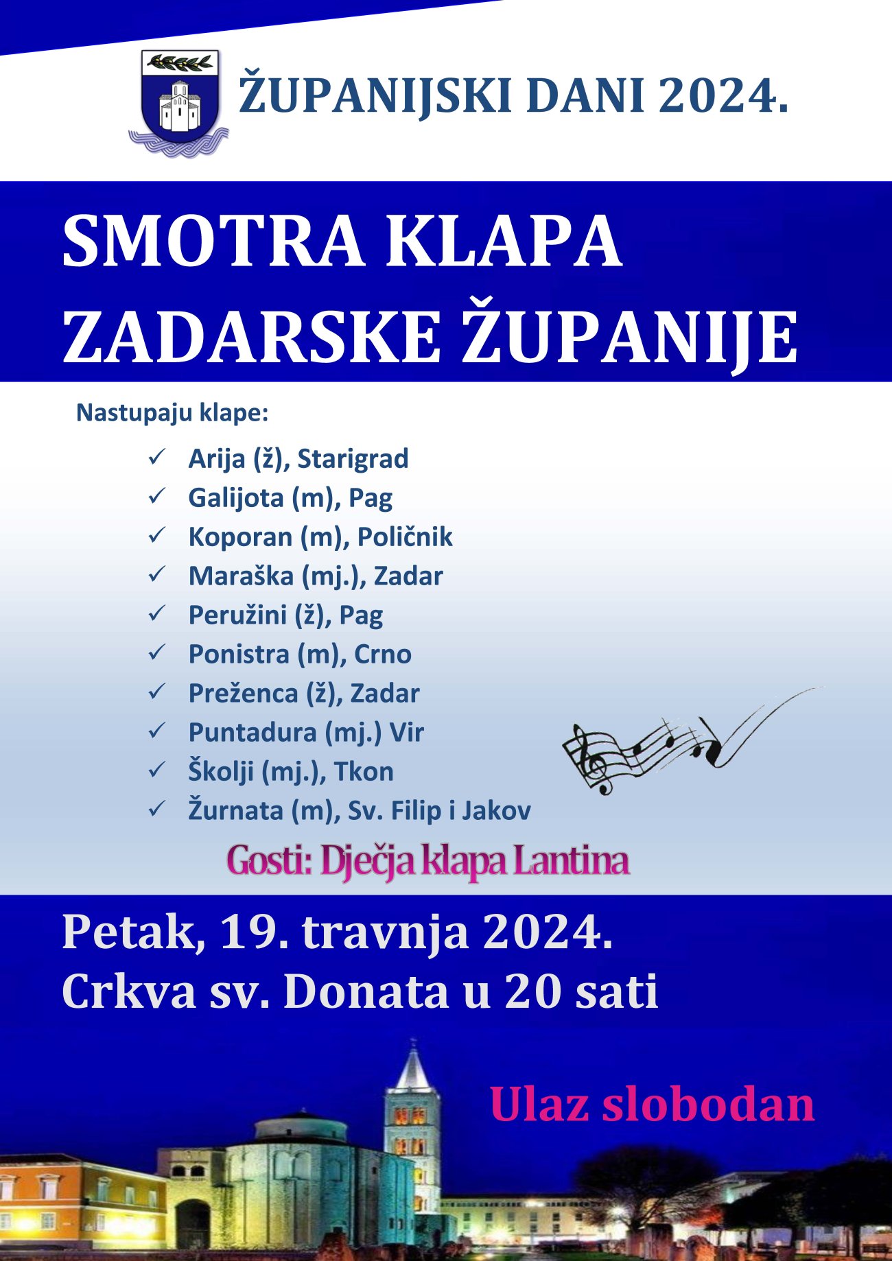 U petak Smotra klapa Zadarske županije u sv.Donatu